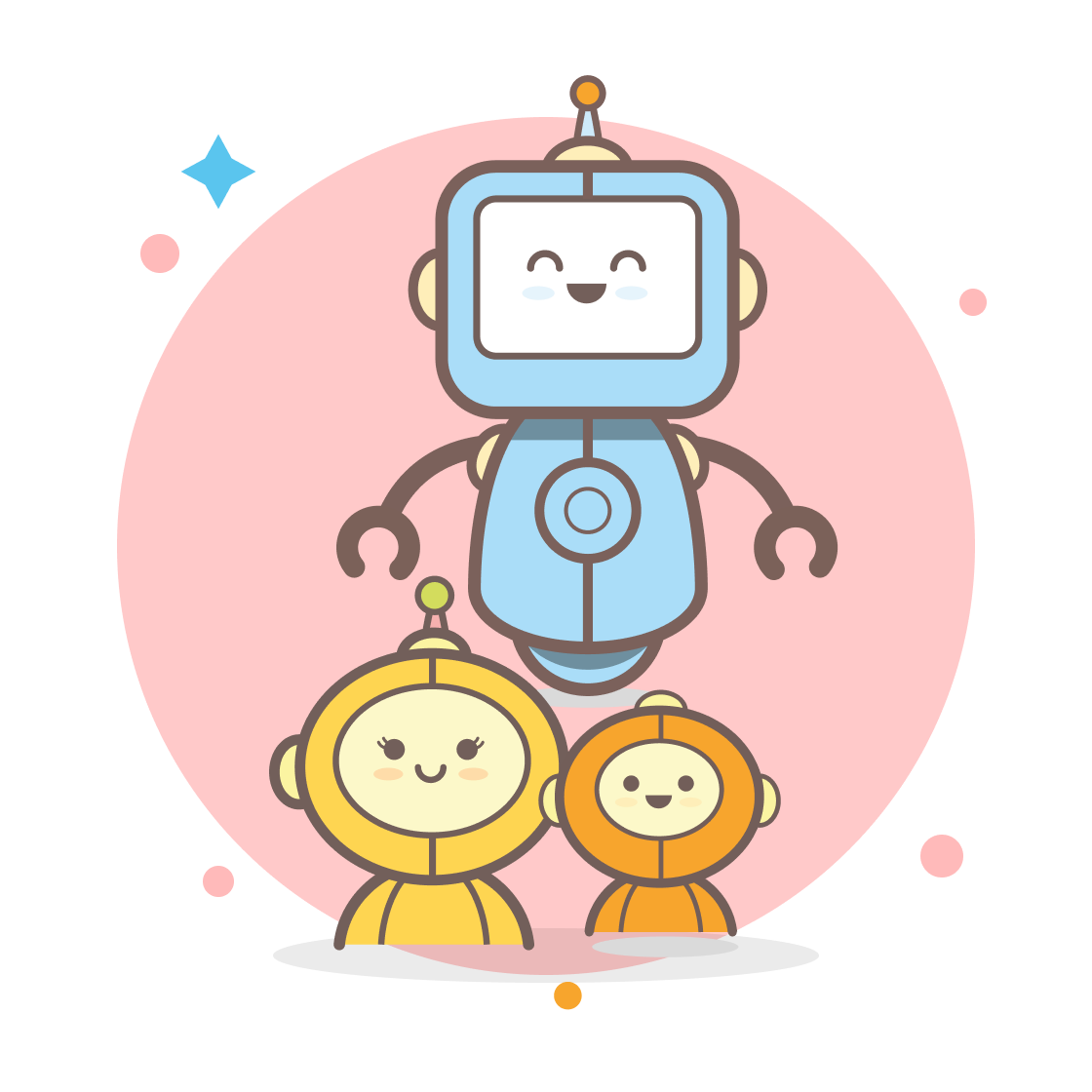 Three Sonik robots, a family, standing together.