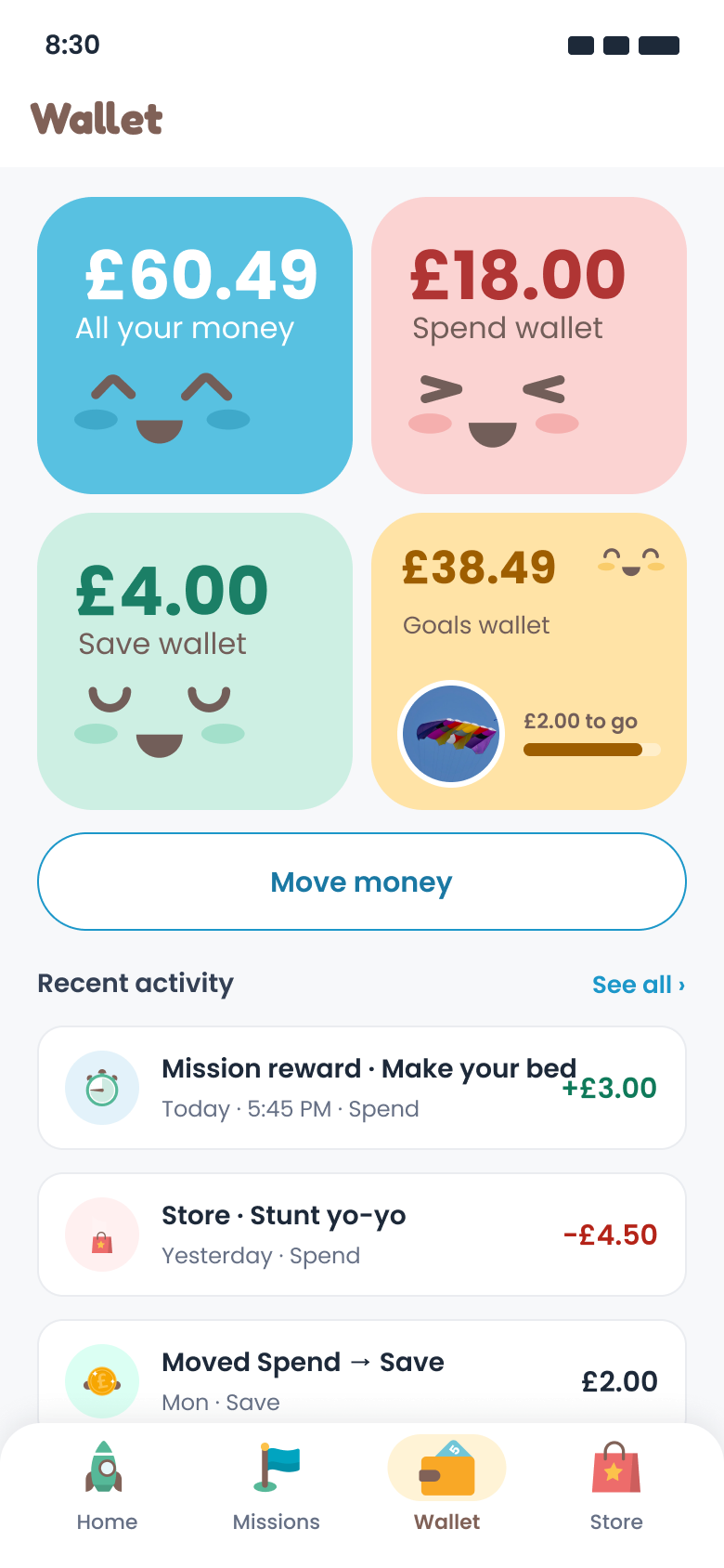 A child’s Wallet: all their money, then the Spend, Save and Goals wallets, and a goal that is £2.00 away.